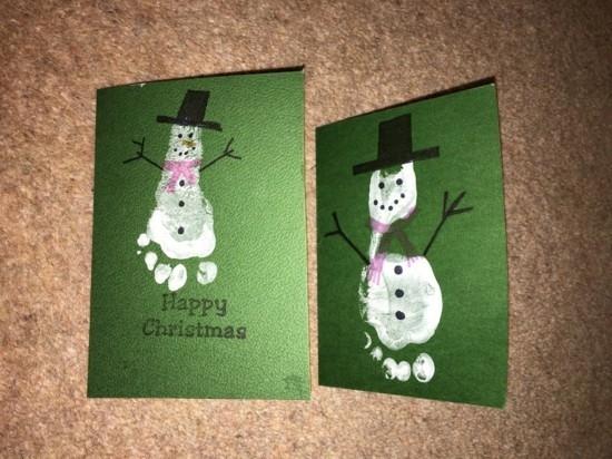 lumiukko jalanjälki tinker joulukortteja lasten kanssa