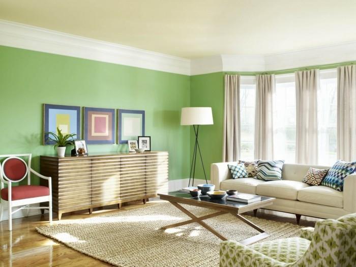 kaunis olohuone vihreät seinät sisalimatto tuore