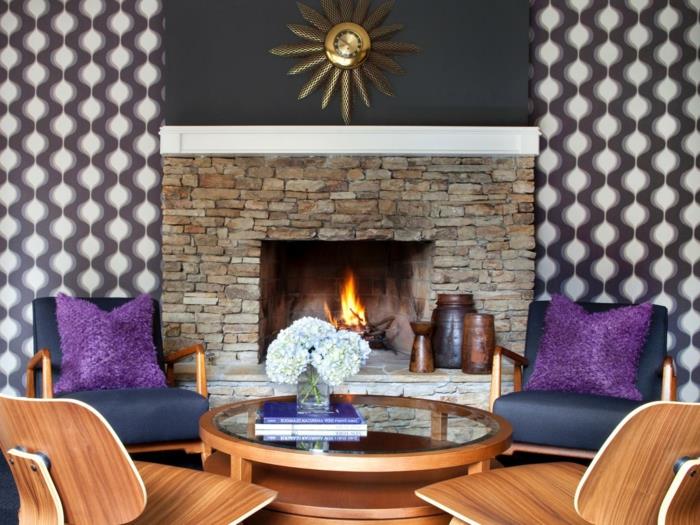 kaunis olohuoneen seinän taustakuva takka pyöreä sohvapöytä