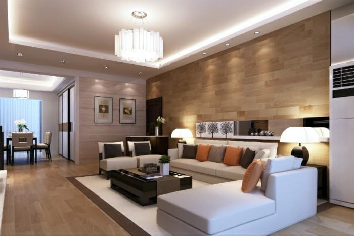 kaunis olohuone valkoinen kulmasohva alakatto moderni valaistus