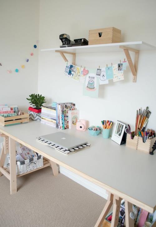 rakenna oma työpöytä diy toimisto puulevyt avoin seinähylly valkoinen