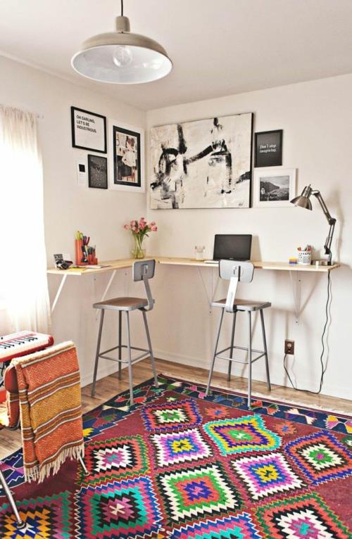tee oma työpöytäsi diy puiset lankut seinäpöytä baarituoli etninen matto pöytävalaisin