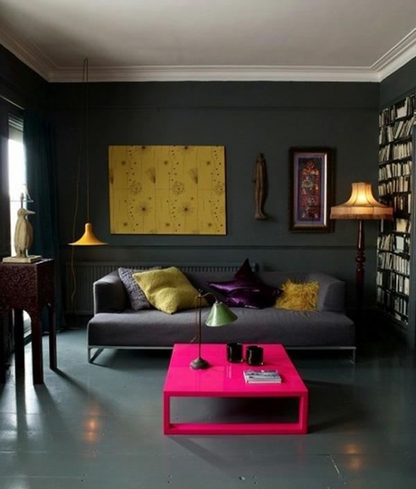 musta seinä olohuone modernit vaaleanpunaiset violetit värit