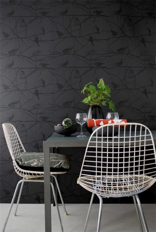 musta kaksi tapetti lintuja kuvio kukka deco art tuolit