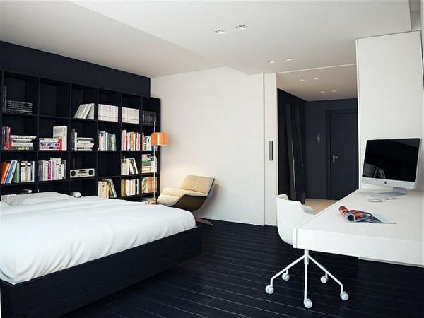 musta ja valkoinen seinäväri makuuhuone minimalistinen sisustus työtuoli