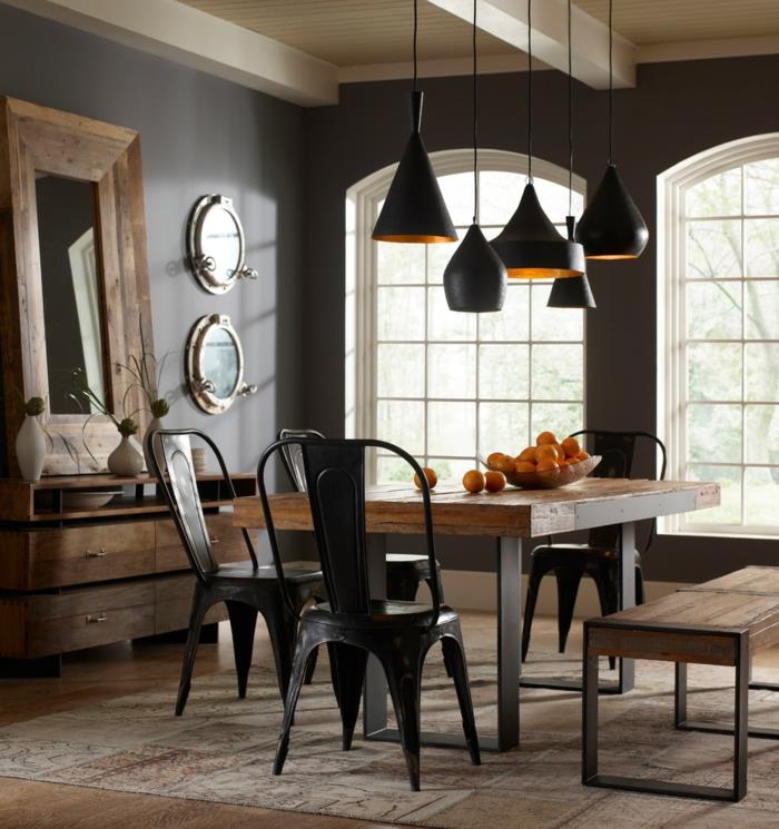 musta seinämaali ruokasalin suunnittelu maalaismainen ruokasalin huonekalut matto peili