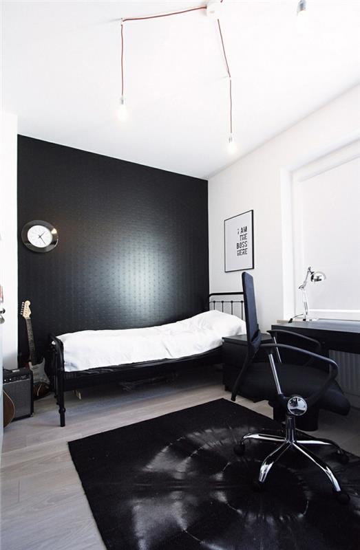 musta seinämaali minimalistinen makuuhuone aksentti seinä musta matto puulattia