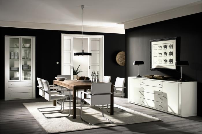 musta seinän väri valkoinen huonekalut ruokasali puinen pöytävalo matto