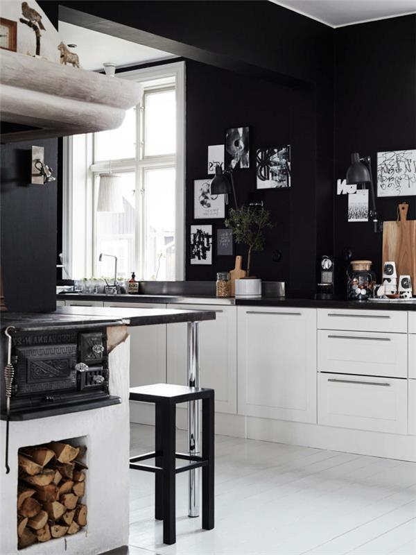 musta seinän väri elävät ideat keittiö valkoinen keittiökaapit vaalea lattia