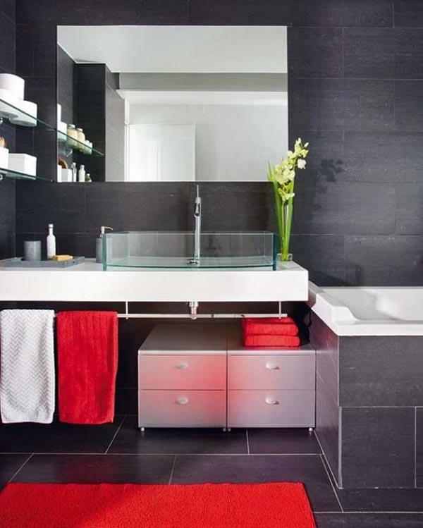 mustat sisäseinät punaiset pyyhkeet kylpyhuoneen ideasuunnittelu