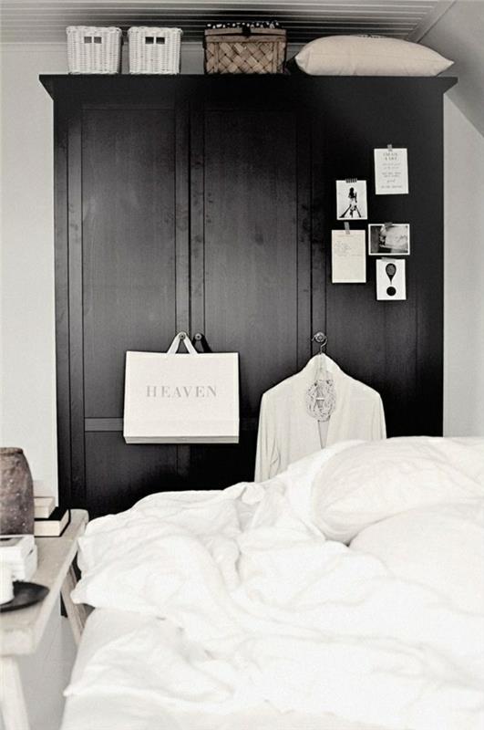musta vaatekaappi valkoinen vuodevaatteet kotiideoita makuuhuone