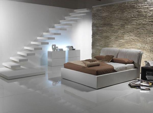 kelluvat portaat ideoita valkoinen sisustus makuuhuone moderni