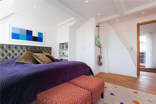 ruotsalainen parvihuoneisto tyylikäs violetti vuodevaatteet makuuhuone