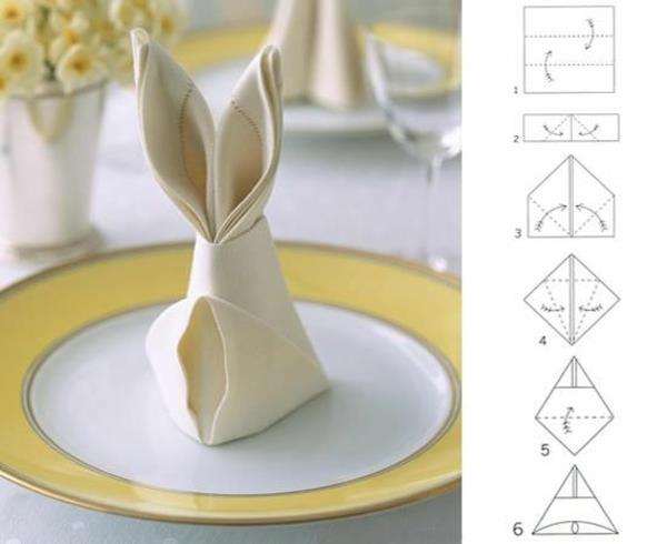lautasliinat taitto -ohjeet pääsiäinen koristelu pöydän koristeluideoita kanin korvat