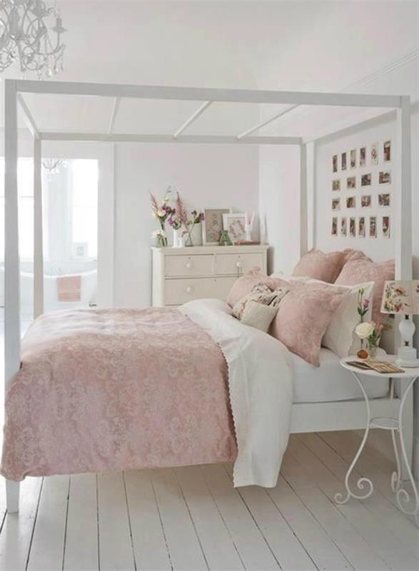nuhjuinen tyylikäs makuuhuone valkoinen vaaleanpunainen yhdistelmä