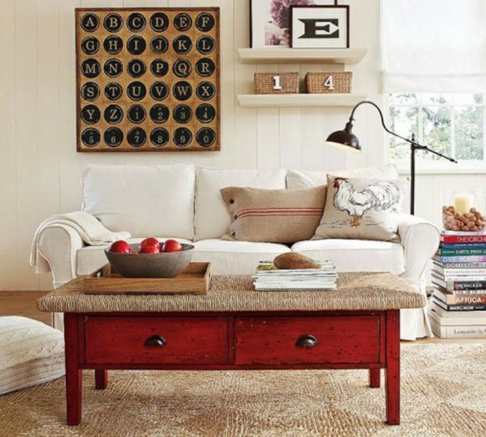 nuhjuinen tyylikäs olohuoneen sisustusideoita punainen sohvapöytä juutti sisalimatto