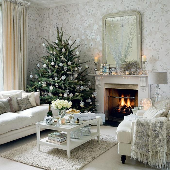 nuhjuinen tyylikäs olohuone ideoita sisustus sohvapöytä vintage kuvio tapetti kukka joulukuusi