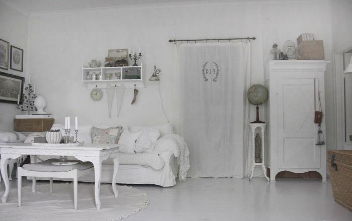 nuhjuinen tyylikäs olohuone ideoita valkoinen antiikkihuonekalut vintage -tyyliin