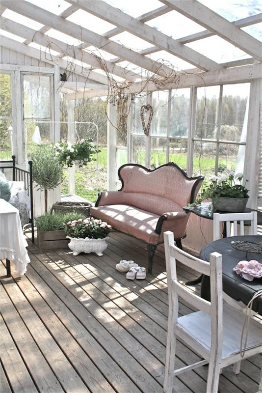 Shabby chic huonekalut talvipuutarha suunnittelu puulattiat