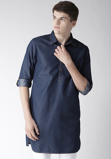 Denim Short Kurta med krave til mænd