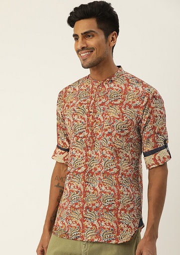 Kalamkari trykt kort kurta til mænd