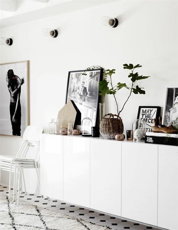 sideboard koristelu pajukori juliste kuvia lasit lipasto valkoinen sideboard