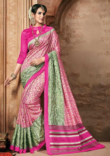 Grøn og pink bomulds silketryk Saree