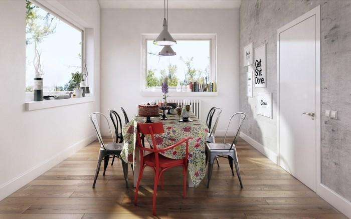 Skandinaavinen sisustus ruokasalissa värikäs pöytäliina punainen ruokapöydän tuoli