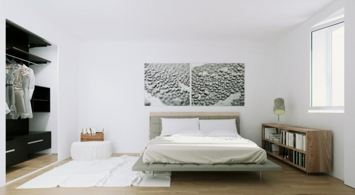 Skandinaavinen sisustus makuuhuoneessa, joka koristaa seinän valkoisen maton