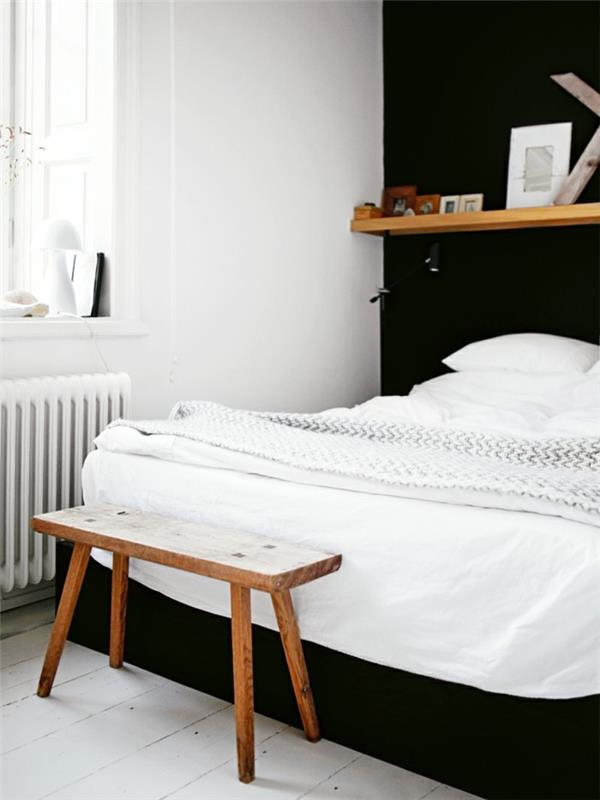 skandinaavinen sisustus makuuhuone ideoita musta aksentti puinen makuuhuoneen penkki
