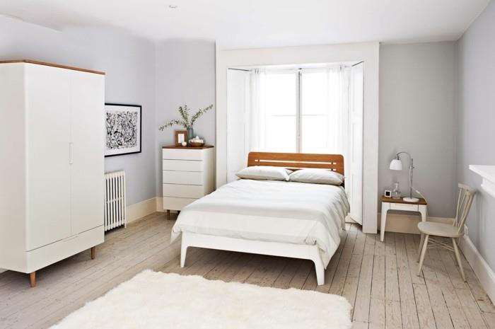 skandinaavinen sisustus makuuhuone ideoita valkoinen matto puulattia
