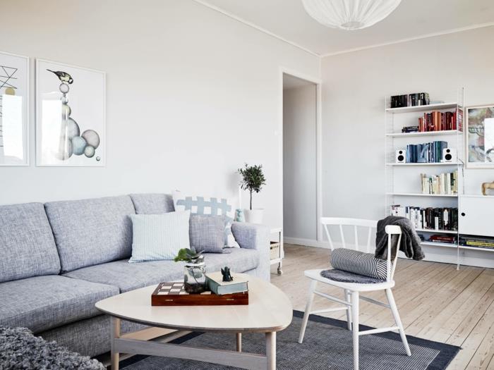 Skandinaavisesti sisustettu olohuone harmaa matto viileä sohvapöytä