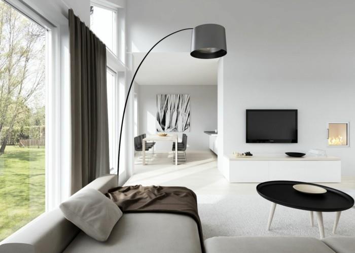 Skandinaavinen sisustus olohuone ideoita tyylikäs huonekalut ruskeat verhot