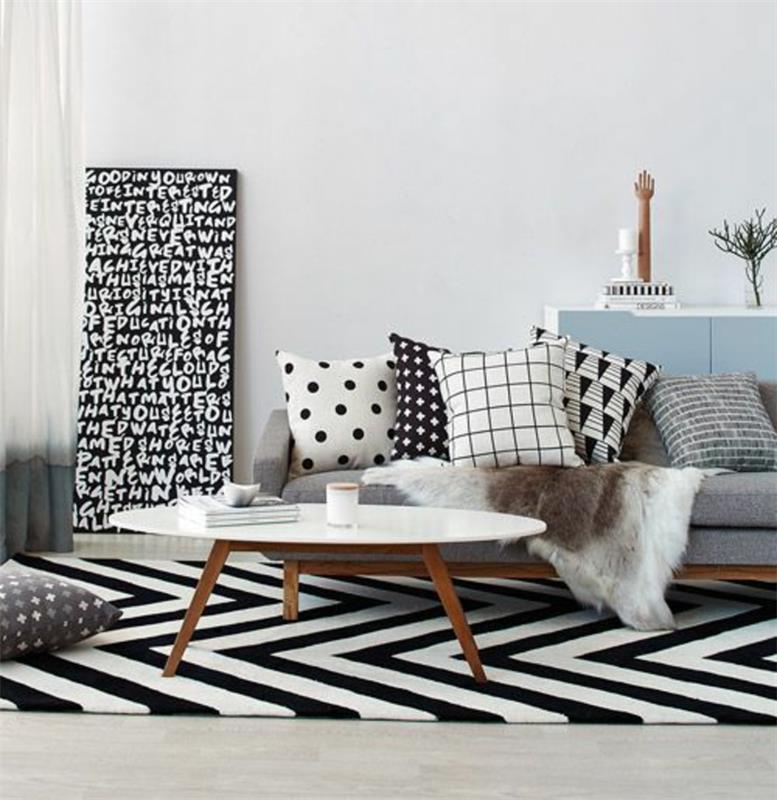 Skandinaavisia eläviä esimerkkejä olohuoneen huonekaluista, valkoinen sohvapöytä