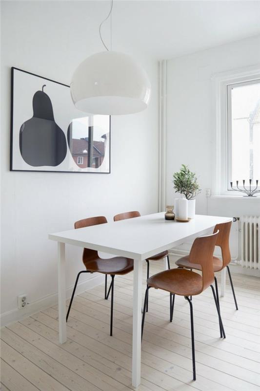 Skandinaavisen olohuoneen ruokailuhuoneen suunnitteluideoita puulattian seinän koristeluun