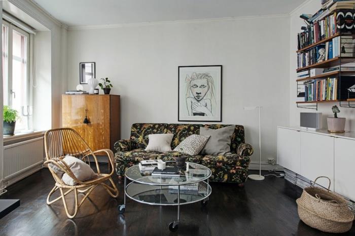 Skandinaavinen olohuoneisto pieni huoneisto olohuone sisustus retro huonekalut pyöreä sohvapöytä