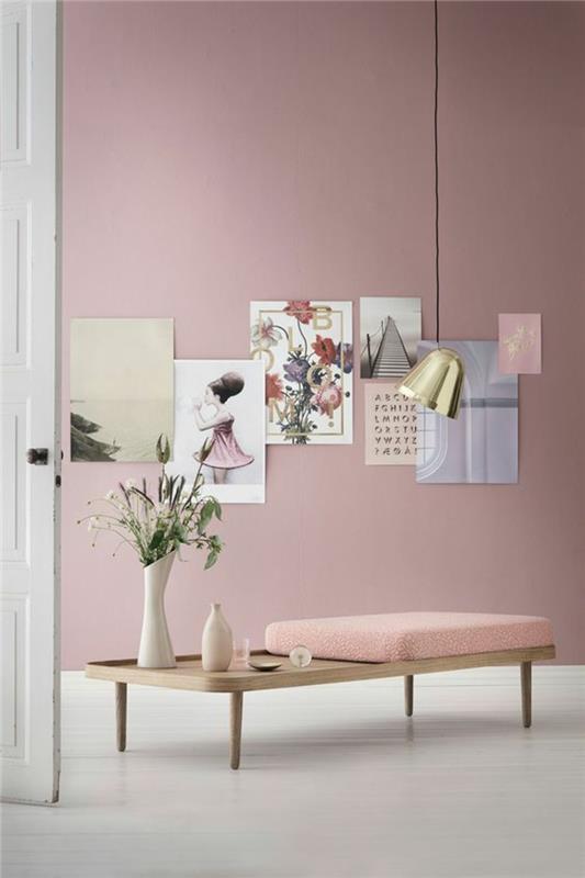 Skandinaavinen elävä minimalistinen huonekalusuunnittelu seinän väri vaaleanpunainen