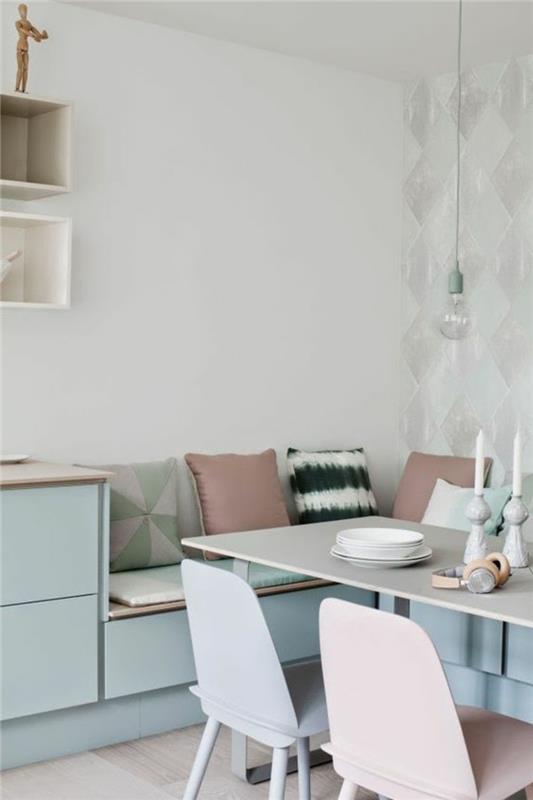 Skandinaavinen asuminen on pastellivärisiä ruokasalin huonekaluja