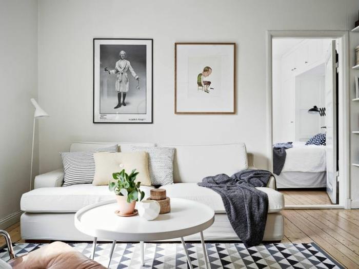 skandinaaviset matot geometrinen kuvio olohuone valkoinen sohva