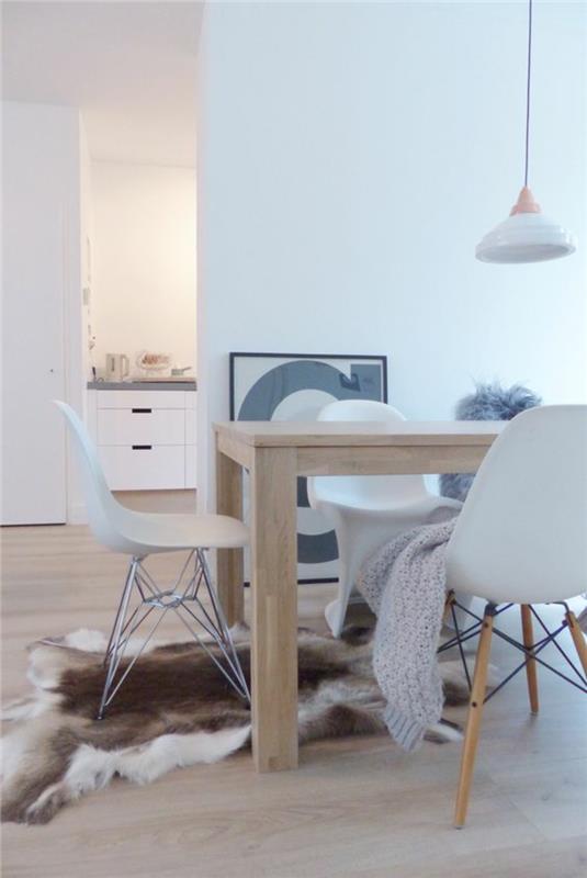 Esimerkkejä skandinaavisesta muotoilukalusteesta turkismattojen ruokasalin huonekalut