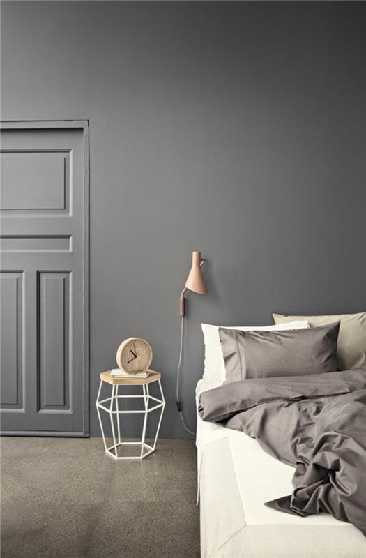 Skandinaavisen muotoilun esimerkkejä makuuhuoneen seinän väri harmaa