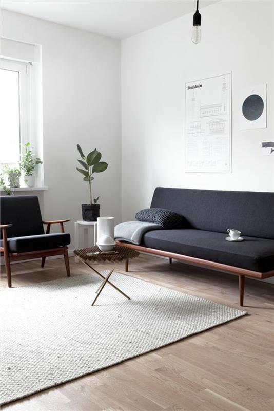 Skandinaavisen muotoilun sisustusesimerkkejä sohva nojatuoli musta