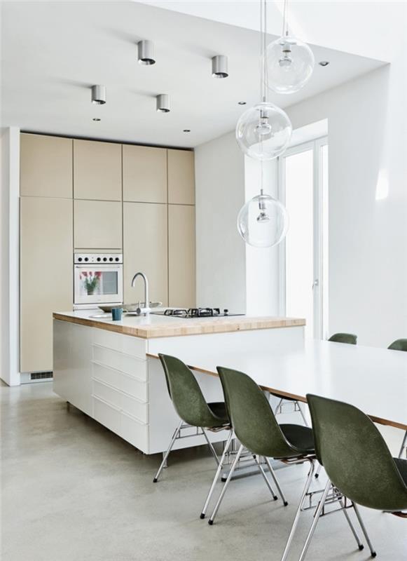 Skandinaavinen minimalistinen keittiö ruokailutila valkoinen