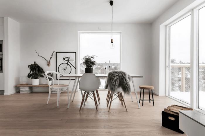 Skandinaavinen muotoilu ruokasalissa, minimalistinen ja tilava