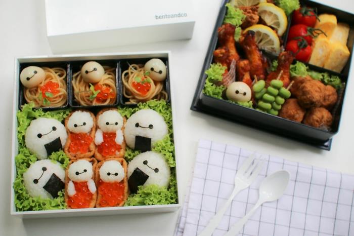 välipalaideoita riisikaviaari vihreää salaattia spagetti baymax picnic bento