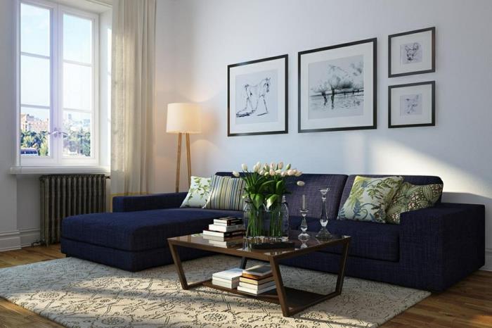 sohva sininen tyylikäs matto olohuone sisustus tulppaanit
