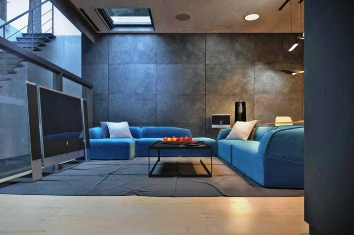 sohva sininen harmaa matto televisio valaistus olohuone