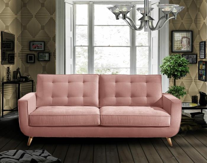 sohva chester retro huonekalut vaaleanpunainen puulattia seinämaalaukset geometrinen kuvio