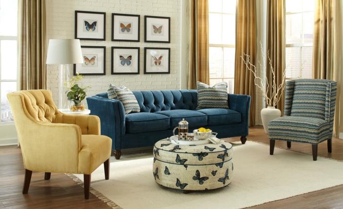 sohva chesterfield sininen valkoinen matto värilliset nojatuolit olohuoneen kalusteet