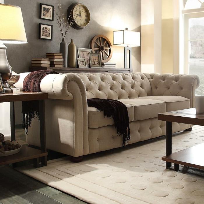 sohva chesterfield design beige tyylikäs mattokuvio